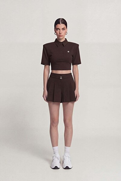 HOLLY LOLLY Pleated High Waist Belted Alexia Shorts Coffee