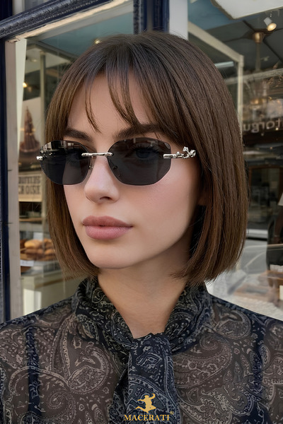 MACERATİ Jeweled Geometric Silver Rimmed Ultra Light Black Women's Sunglasses