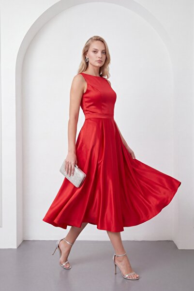 Lafaba Women's Red Thick Strap Belted Midi Evening Dress