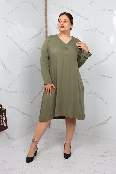 Truva XXL Women's Khaki Green Long Sleeve Woven Viscose Plus Size Dress