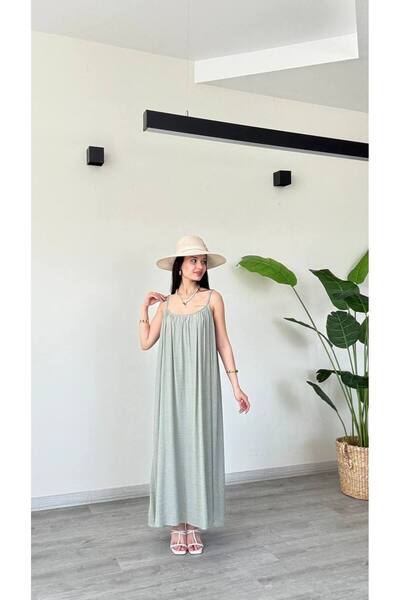 Lovely butik Chest Section Rubber Detail Thin Straped Sloth Combed Cotton Dress