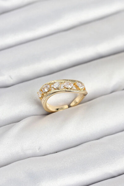 USLUCAN ALIŞVERİŞ Brass Gold Color Zircon Stone Women's Ring