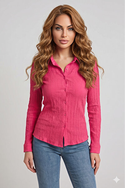 Pasaklı Giyim Women's Fuchsia Pink Long Sleeve, Fitted, Textured Thin Maya Cr...