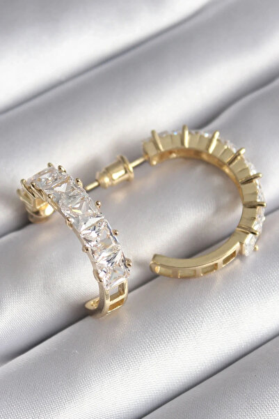 USLUCAN ALIŞVERİŞ Brass Gold Color Zircon Stone Hoop Model Women's Earrings