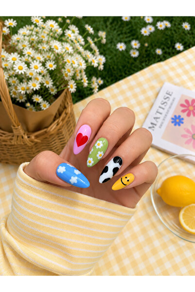 Renkli Nail Art Takma Tırnak Seti/Renkli Yaz Temalı/Protez Tırnak