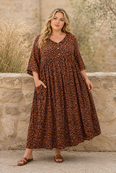 Park Moda Plus Size Women's Black Viscose Dress Summer Long Pocketed Floral P...
