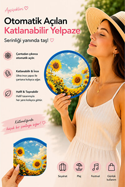 Handalin Ayçiçek Desenli Otomatik Açılan Katlanabilir Yuvarlak Yelpaze – Çant...