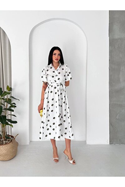 BLUSS Women's Daisy Pattern Buttoned Belted Dress