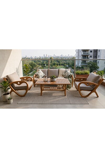 zerkaconcept Gardenlove Bahçe Balkon Koltuk Masif Ahşap Kestane Ağacı 3+1+1 K...