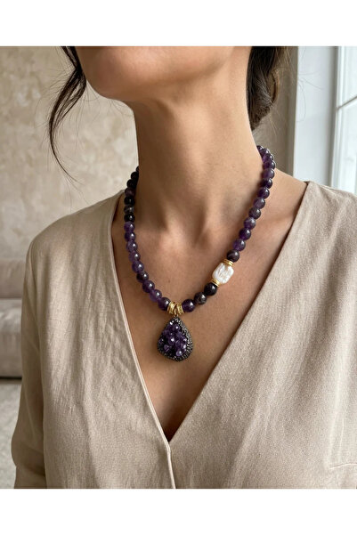Dorvina Natural Stone Women's Necklace Amethyst Stone Baroque Pearl Steel Gol...