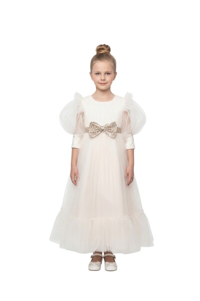 Bidani - Puff Sleeve Formal Dress with Glitter Bow - Multicolor - 4Y to 13Y