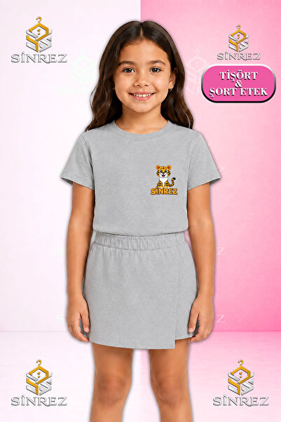 SİNREZ Girl's Set Tiger Logo Ust Printed Short Sleeve T-Shirt Shorts Skirt