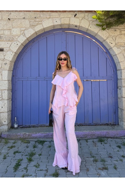 Laluvia Pink Ruffle Detailed Blouse and Pants Set - 9392