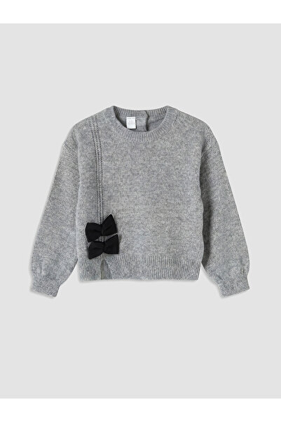 LC Waikiki Nevavm Lcw Kids Gray Knitwear Embroidered Oval Collar Girls' Sweater