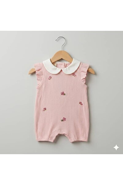 KapsülBebek Nakışlı Bebe Yaka Fırfırlı Kız Bebek Yazlık Tulum - %100 Pamuk