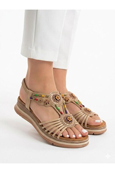 Lütfi Women's full orthopedic soft soled sandal with rubber detail and stone ...