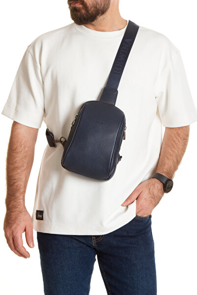 Niki Leather Mendes Navy Blue Genuine Leather Crossbody Bag with Phone Compar...