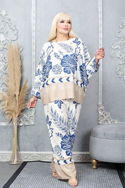 Tubik Women's Wide Cut Crew Neck Patterned Top and Bottom Tunic Pants Set