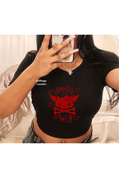 Minga London Black - Vampire Printed Belted Crop Top