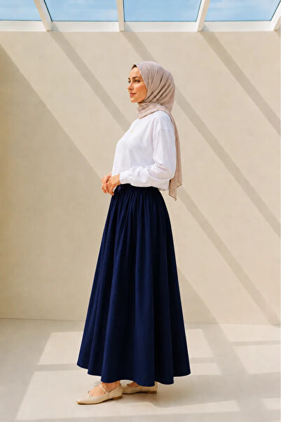 LUXINA GİYİM Kadın Lacivert Cepli Beli Lastikli Poplin Uzun Etek 90 CM