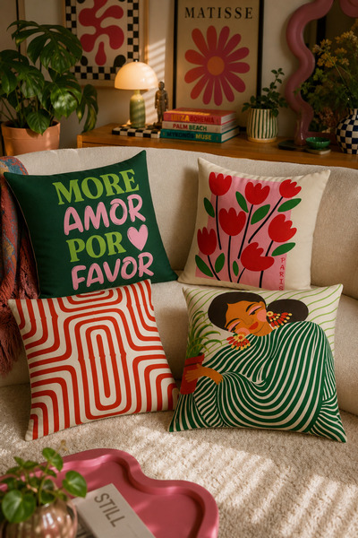 SasoHome Vintage Pop Art Kırlent Kılıfı Seti – Salon ve Oturma Odası Dekoru 4’lü Dekoratif Kırlent Kılıfı Seti