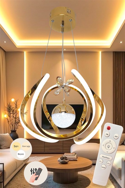 EYSHOP Modern Gold Toplu Kavis Model 3 Renk (Kumandalı) Led Avize Salon Oturm...