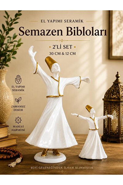 LOREMPBOX El Yapımı Seramik Semazen Biblo Seti 2’li Beyaz Gold Dekoratif Tasa...