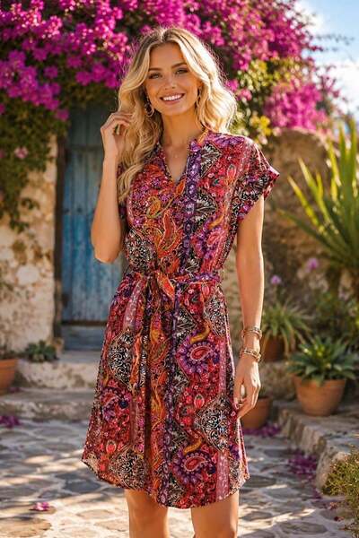 Mossta Short Sleeve High Neck Patterned Belted Midi Single Jersey Dress - Red