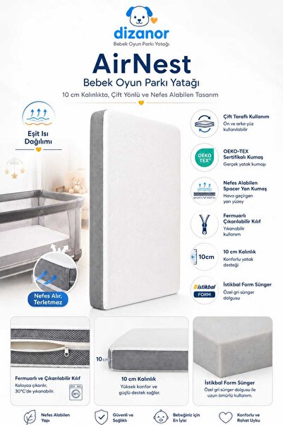 Dizanor AirNest Bebek Oyun Parkı Yatağı 10 cm Destekli Nefes Alan Spacer Kuma...