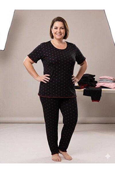 LXL Summer Knitted Heart Patterned Black Short Sleeve Plus Size Powder Pajama...