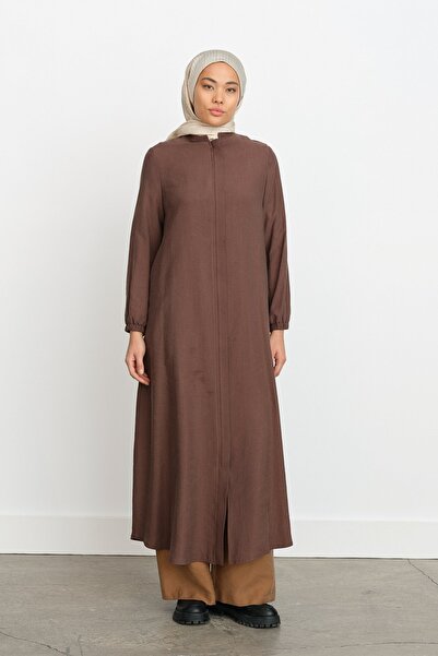 Nihan Kolları Lastikli Tencel Ferace - Kahve