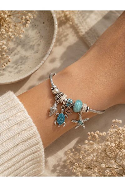 mz mazalinda Silver Charm Bracelet Women's Steel Handcuff Bracelet with Starf...
