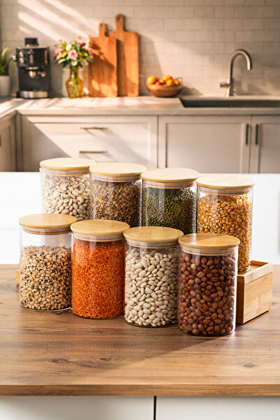 Porsima 2-4 Bamboo Vacuum Lids Round Borosilicate Glass 8-Piece Jar Set Stora...