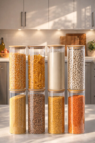 Porsima 4-4 Bamboo Vacuum Lids Round Borosilicate Glass 8-Piece Jar Set Stora...