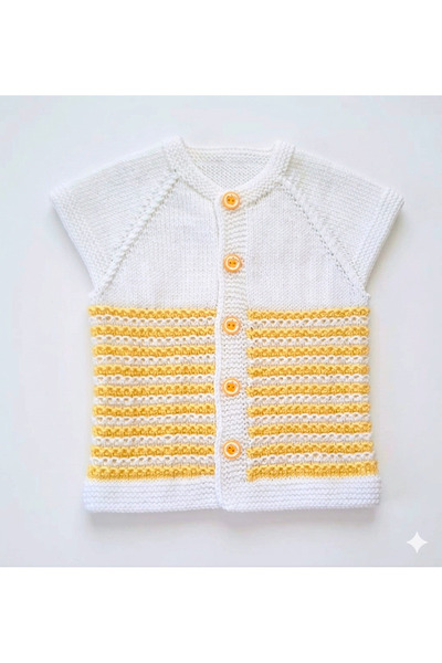 MİNOHOUSE El Örgüsü Sarı_Beyaz Çizgili Unisex Bebek Yelek