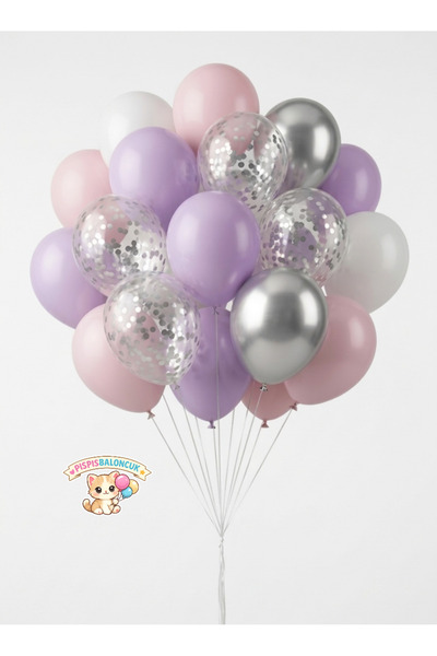 PISPISBALONCUK Pembe beyaz Lila metalik gri şeffaf 10 Adet Balon Seti Doğum G...