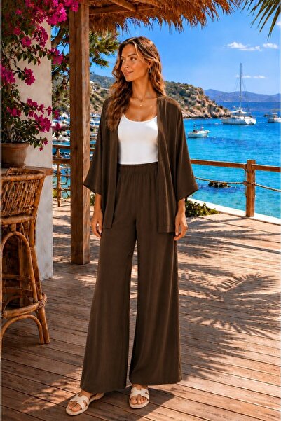 KEHER Women's Wrinkled Fabric Kimono Pants Set