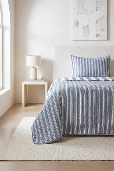 Ocean Home Textile Pamuklu Kapitoneli Lacivert Renk Çizgi Desen Tek Kişilik Y...