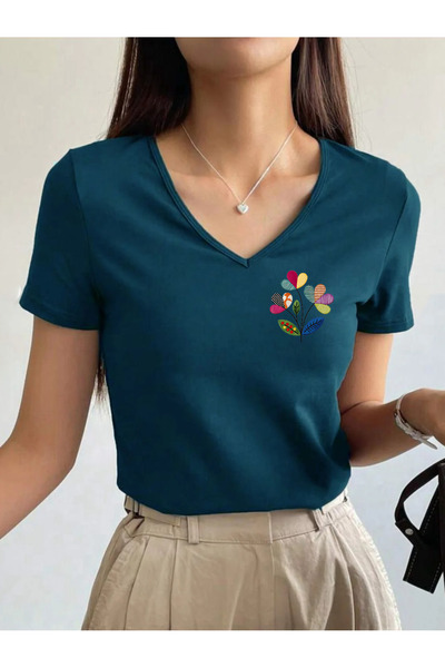 SUNFREE PATCH FLOWER Tricou cu mânecă scurtă, cu decolteu în V, imprimat, pen...