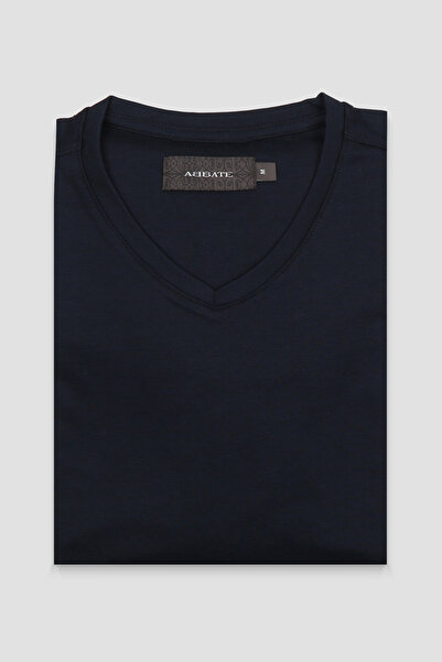 Abbate Vita Merserize Pamuklu Modern Fit Lacivert V Yaka Erkek Düz T-Shirt