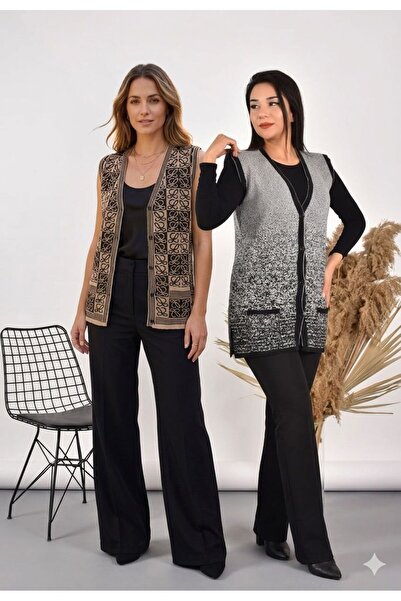kahve lekesi Vestă tricotată cu model pentru femei, 2 piese, cu buzunare cu n...