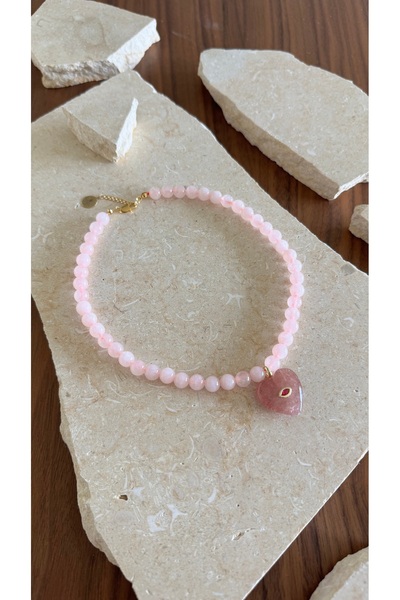 suayjewellery Pembe kuvars taş kalp kolye