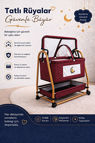 Asya Bebe Keten Kumaş Portatif Tekerlekli Anne Yanı Cibinlikli Hamak Beşik Te...