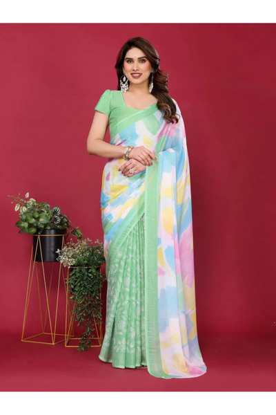 Generic Ready To Wear Chiffon Silk Saree, Women's Moss Chiffon Silk Printed S...