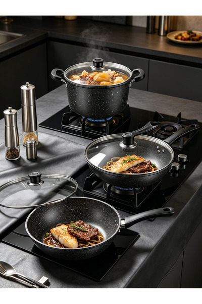 Cookware Bargain Shop 3-Piece Non-Stick Cookware Set with Lids, Maifan Stone ...