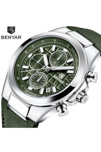 Benyar Watches for Men Luxury Quartz Water Resistant Watch Men's Chronograph Genuine Leather Strap 5206GN