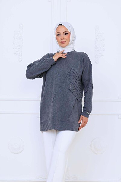 Moodbasic Nervür Detaylı Cebi Taşlı Tunik - Gri