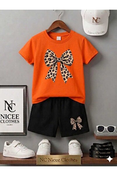 NC Nicee Clothes Summer Children's T-Shirt Shorts Unisex (Leopard Ribbon)