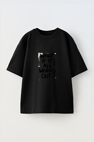 Anetos Tricou oversize negru din bumbac, cu imprimeu frontal, cu design cu sl...