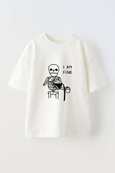 Anetos Tricou oversize alb din bumbac cu imprimeu frontal I Am Fine Skeleton ...